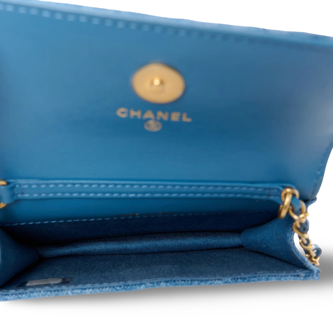 Chanel Quilted Denim CC Pearl Crush Clutch With Chain- GHW/ Blue