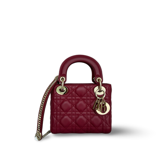 Dior Cannage Lambskin Mini Lady Bag - Gold / Red