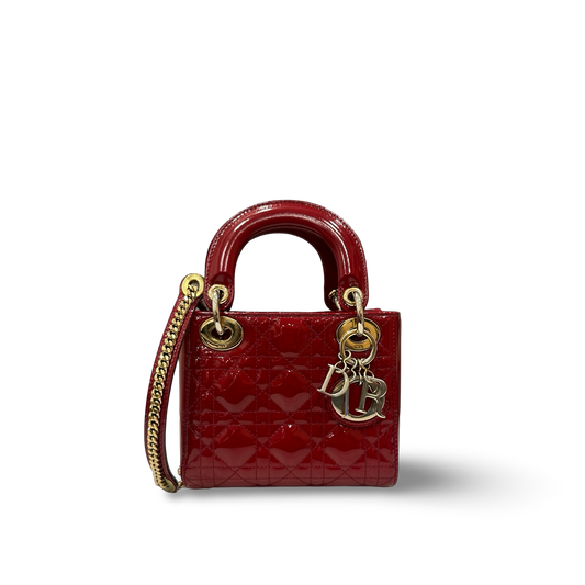 Dior Mini 菱格紋漆皮 Lady 手提包 – 紅色 / 金釦