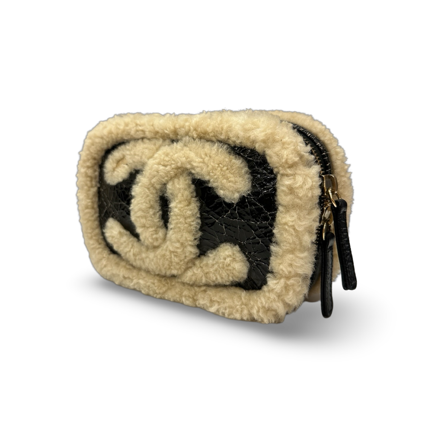 Chanel Shiny Crumpled Sheepskin Shearling CC Mania Waist Bag - Black /Light Brown