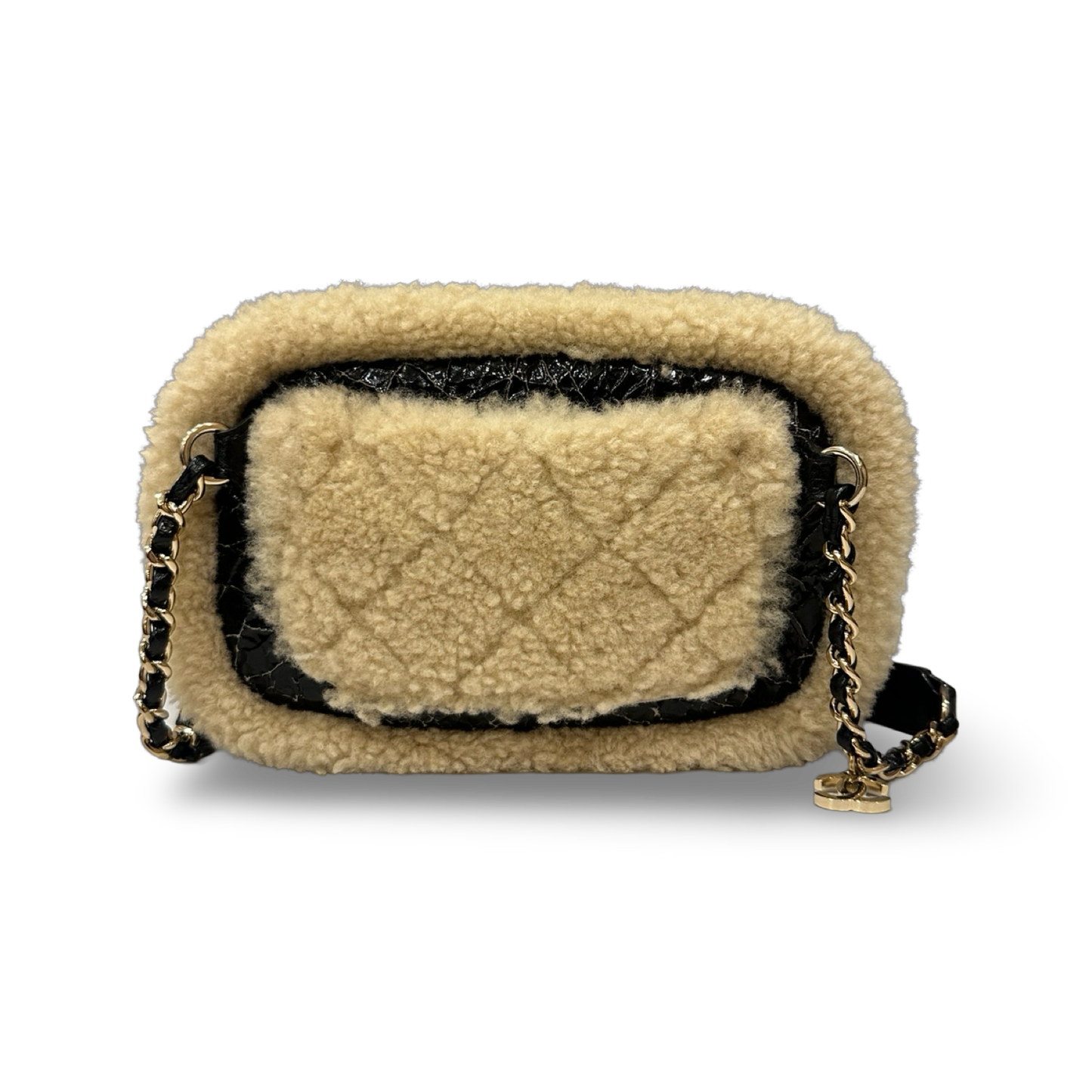 Chanel Shiny Crumpled Sheepskin Shearling CC Mania Waist Bag - Black /Light Brown