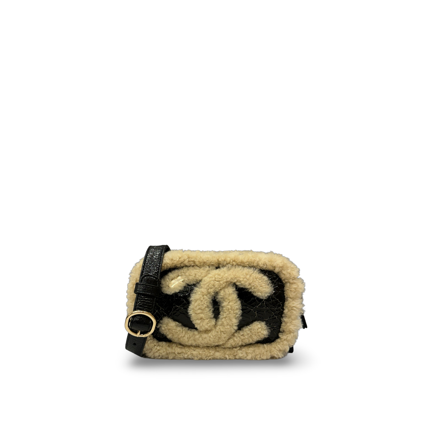 Chanel Shiny Crumpled Sheepskin Shearling CC Mania Waist Bag - Black /Light Brown