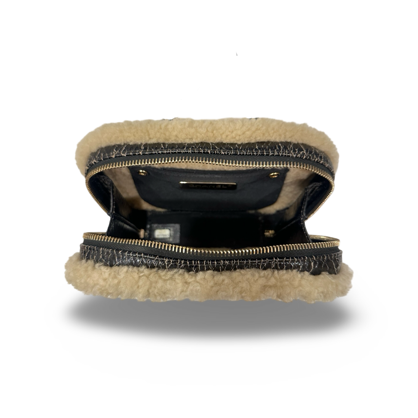 Chanel Shiny Crumpled Sheepskin Shearling CC Mania Waist Bag - Black /Light Brown