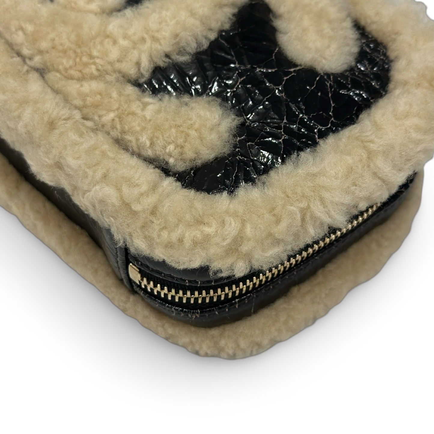 Chanel Shiny Crumpled Sheepskin Shearling CC Mania Waist Bag - Black /Light Brown