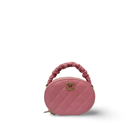 Chanel Classic Lambskin Tophandle Round Clutch - SHW / Pink