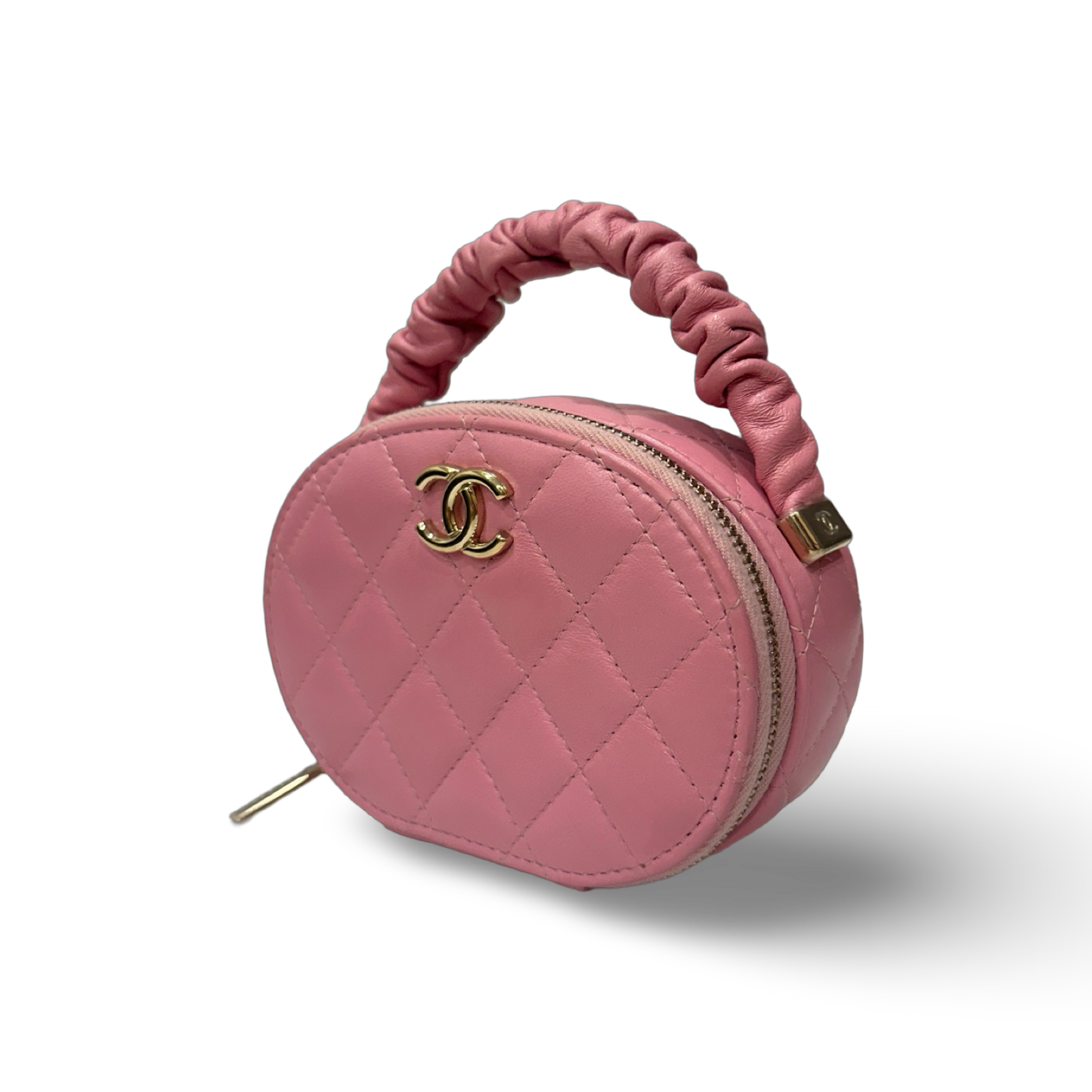 Chanel Classic Lambskin Tophandle Round Clutch - SHW / Pink