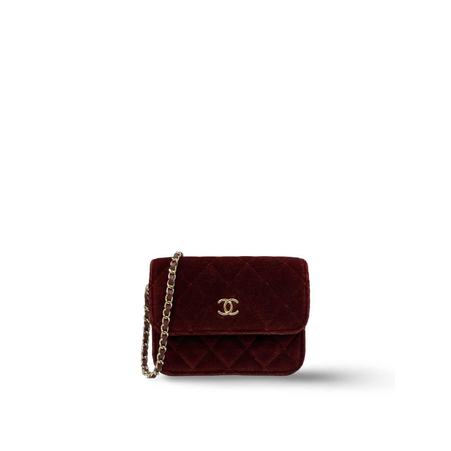 Chanel 絨布菱格紋小鑚球口蓋包 – 酒紅色 / 金釦