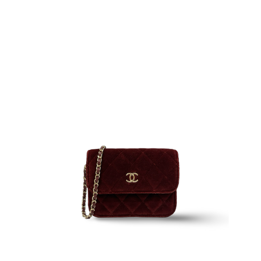 Chanel 絨布菱格紋小鑚球口蓋包 – 酒紅色 / 金釦