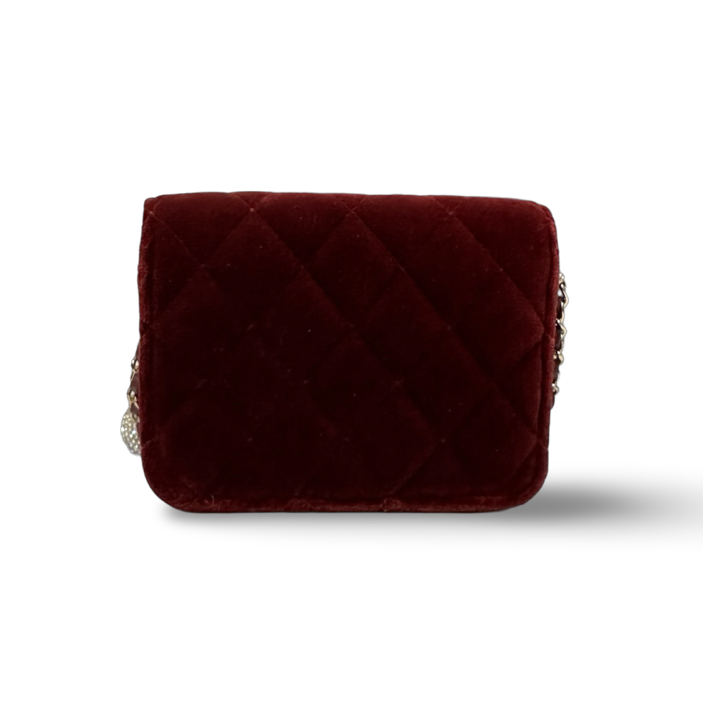 Chanel 絨布菱格紋小鑚球口蓋包 – 酒紅色 / 金釦