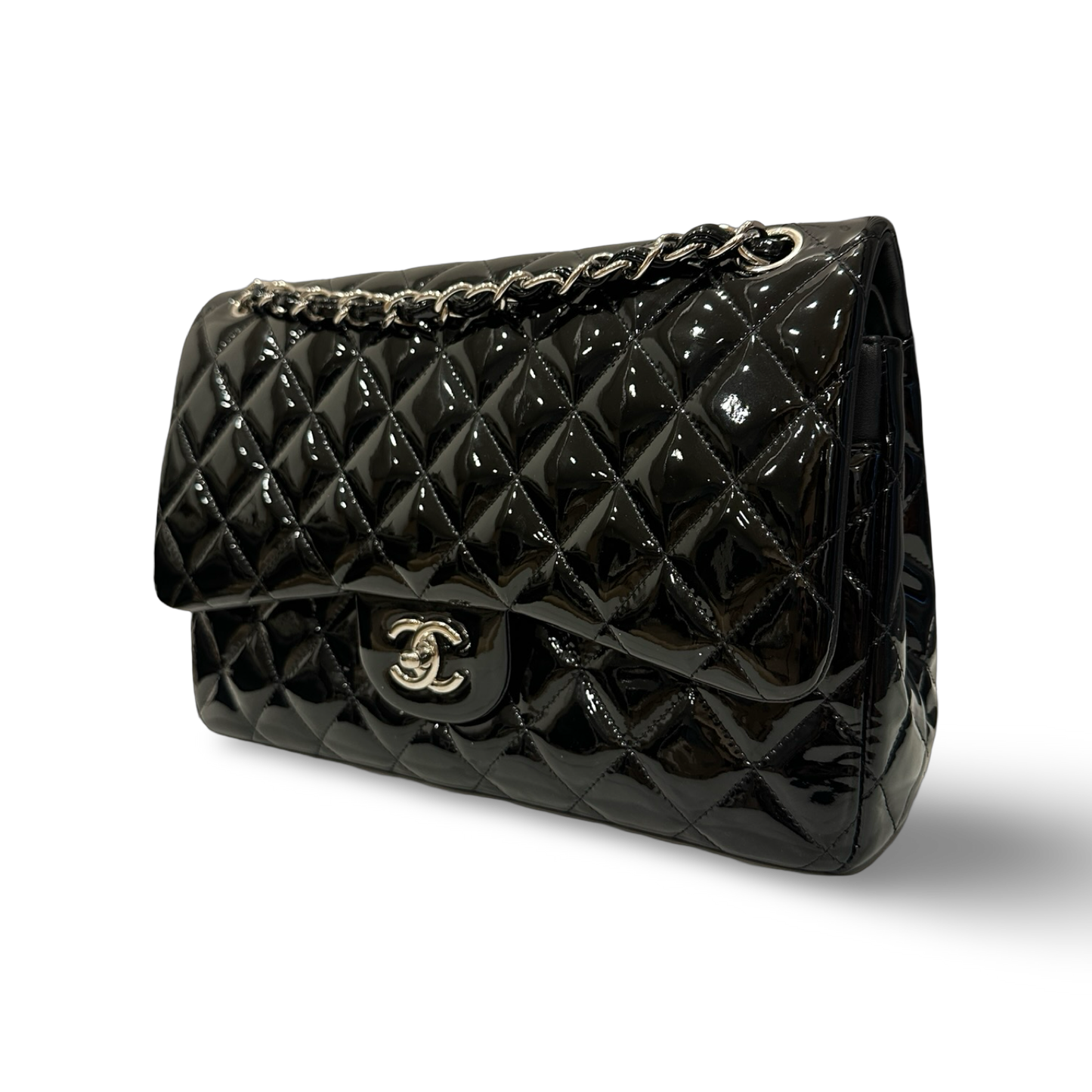 Chanel Jumbo 經典雙蓋菱格紋漆皮 - 黑 / 銀扣