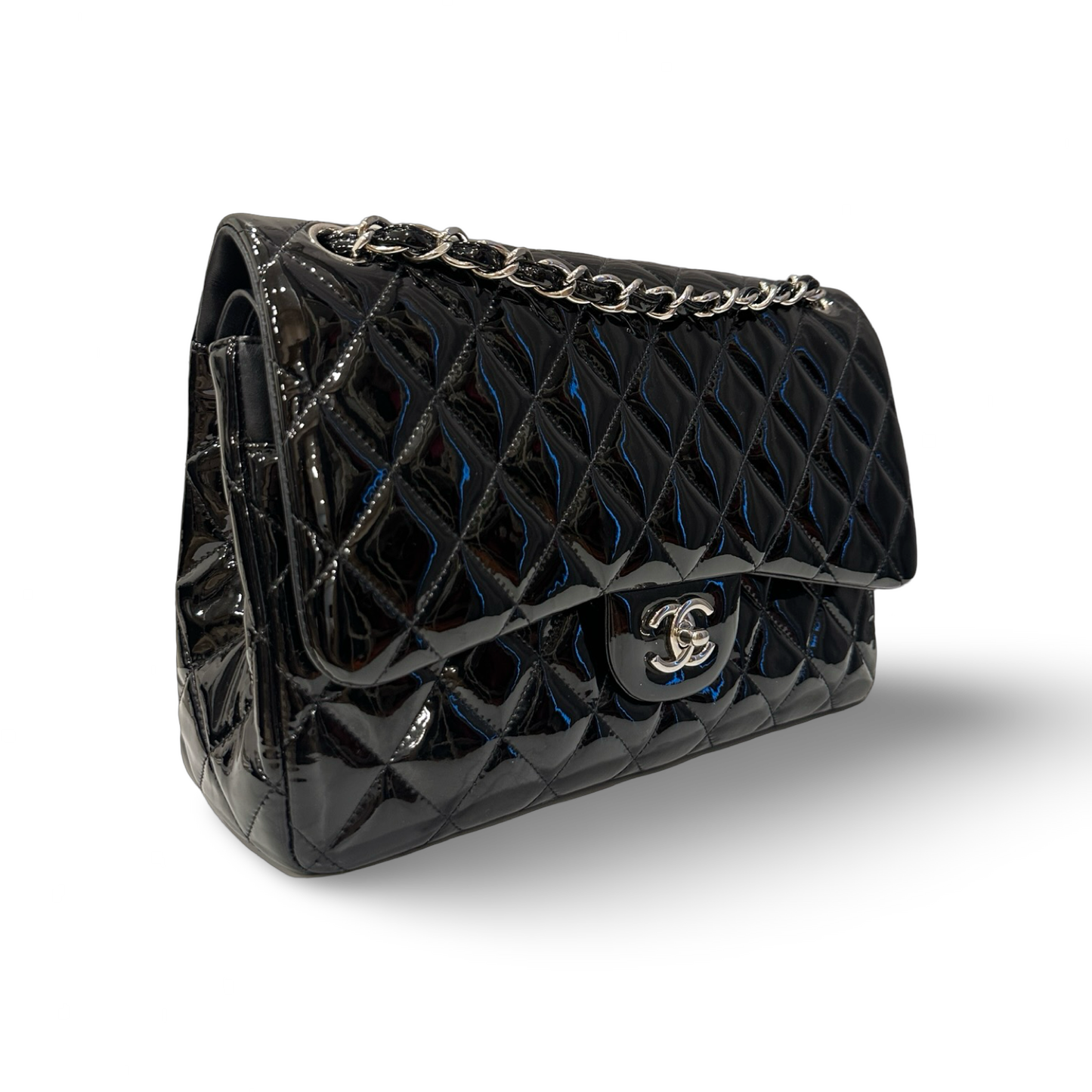 Chanel Quilted Patent Jumbo Double Flap - SHW / Black