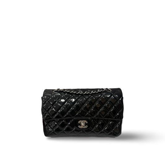 Chanel Quilted Patent Medium Double Flap - SHW / Black