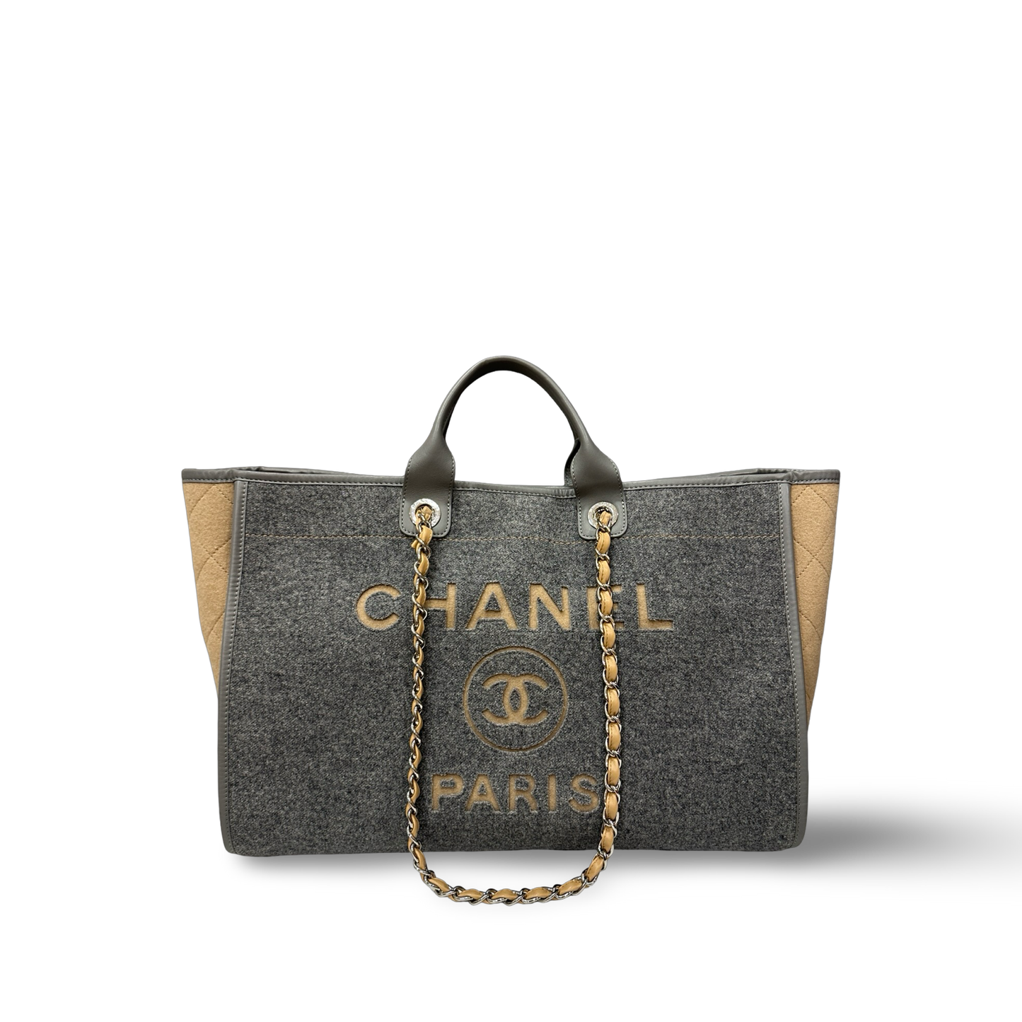 Chanel Wool Felt Large Deauville Tote - GHW / Grey and Beige