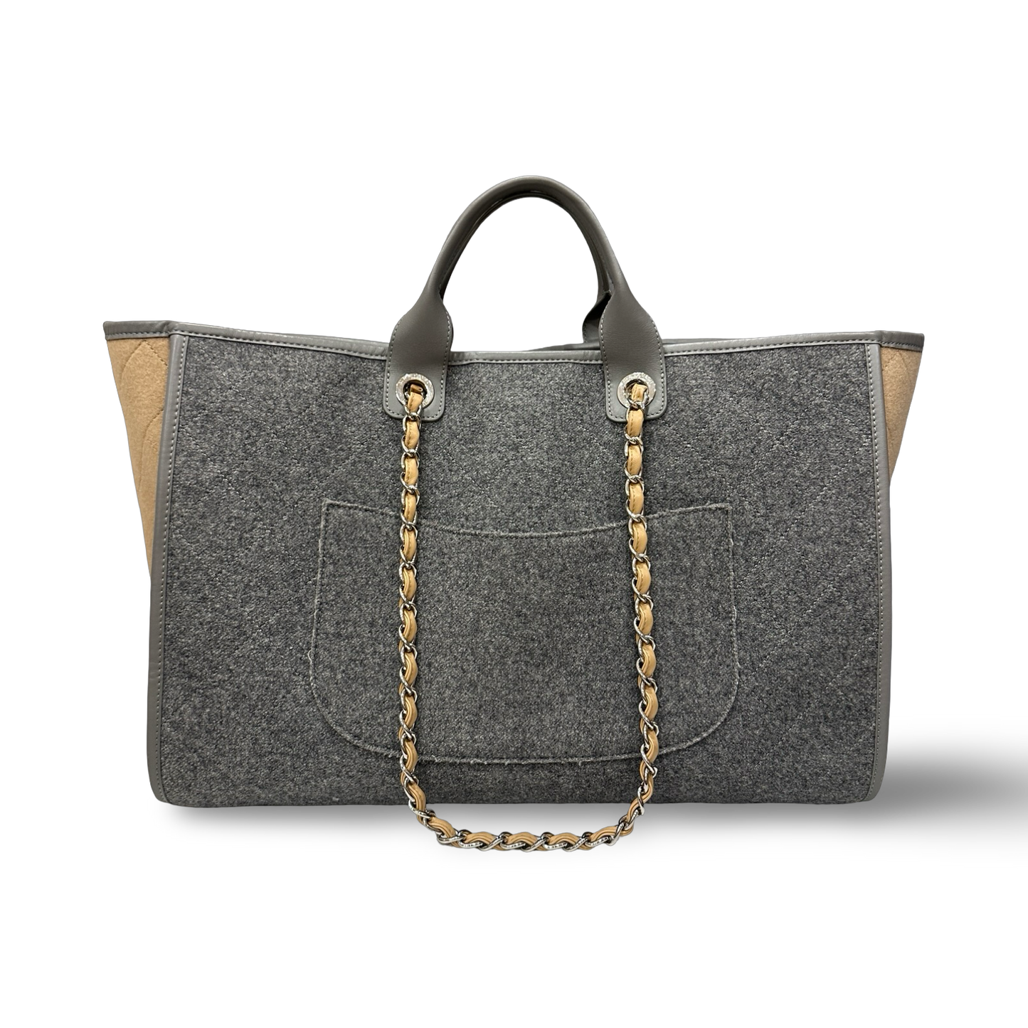 Chanel Wool Felt Large Deauville Tote - GHW / Grey and Beige