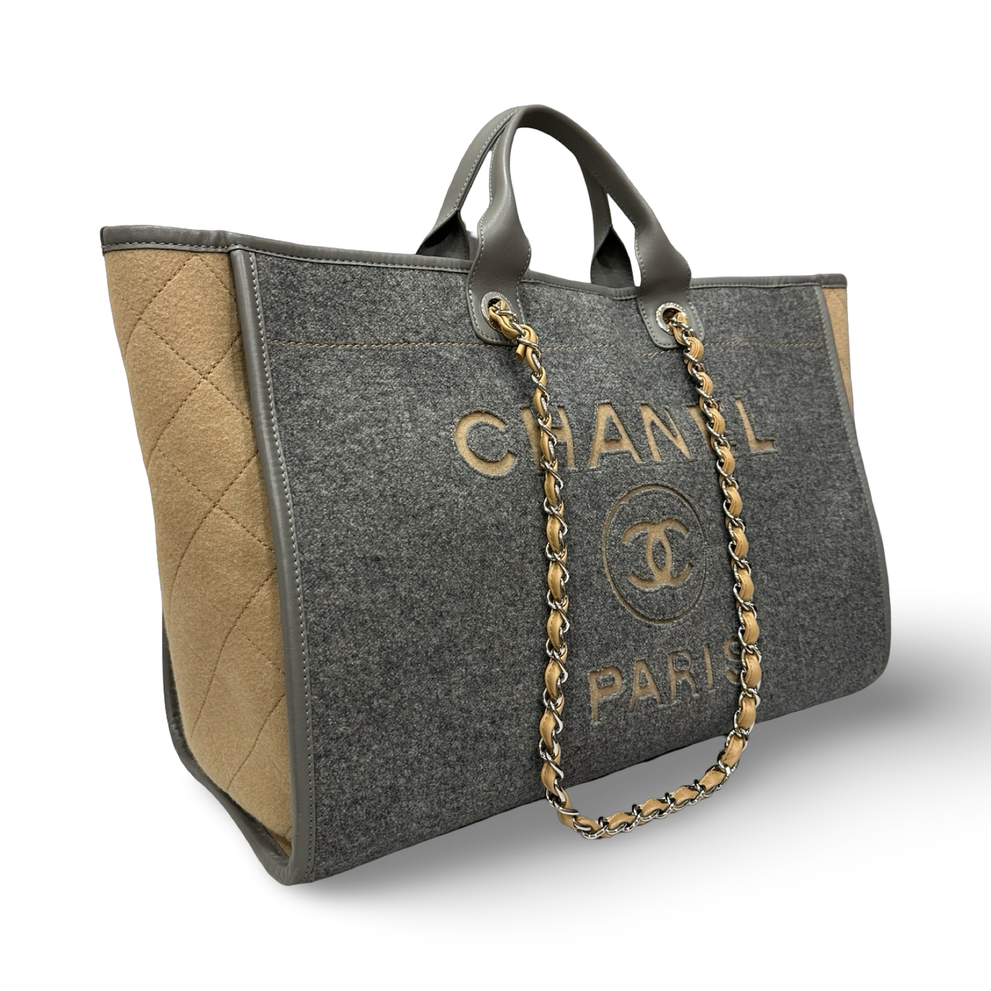 Chanel Wool Felt Large Deauville Tote - GHW / Grey and Beige