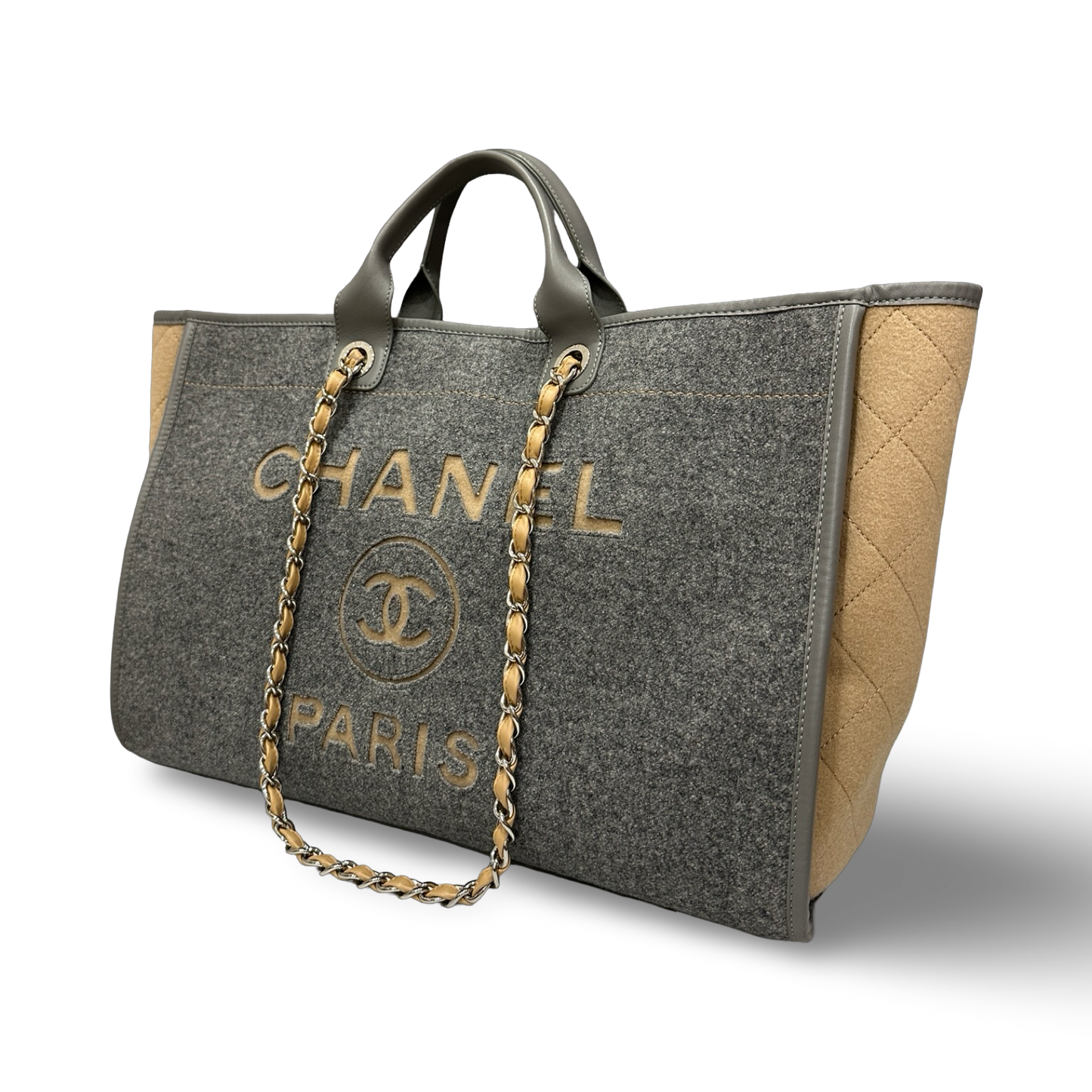 Chanel Wool Felt Large Deauville Tote - GHW / Grey and Beige