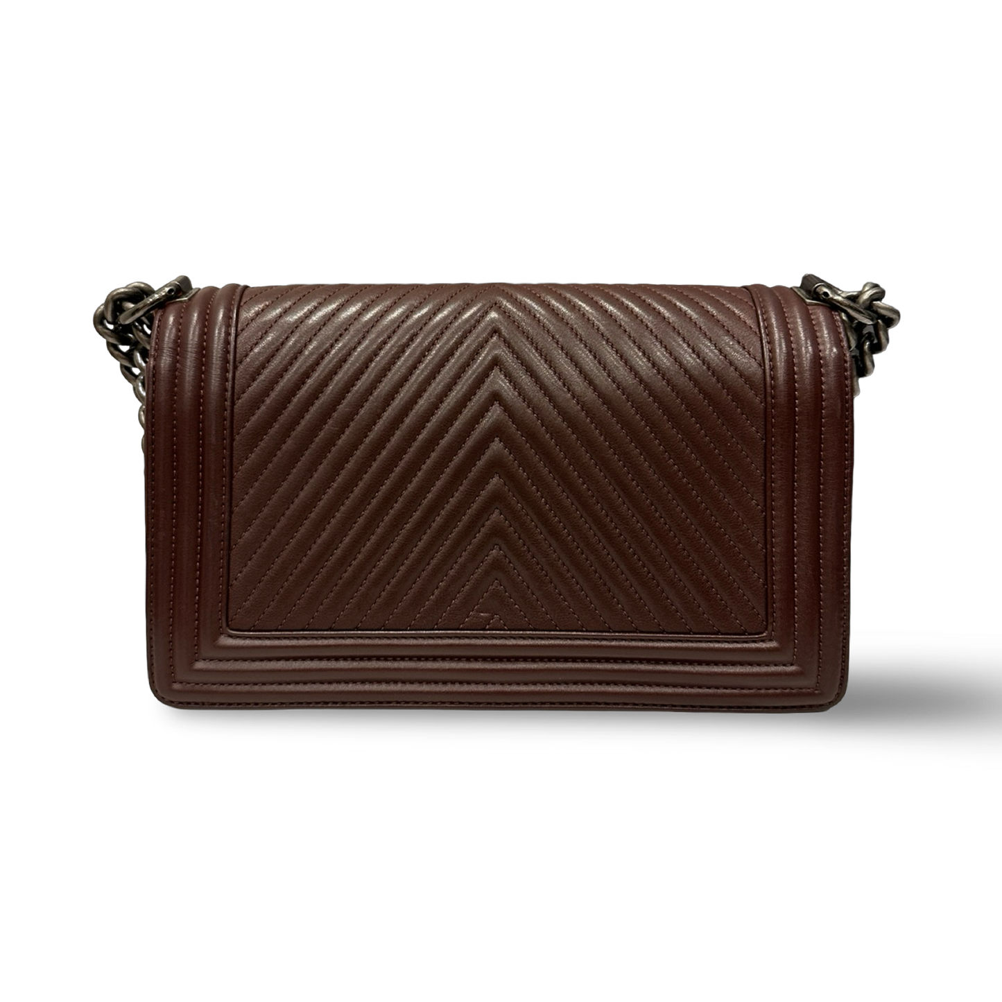 Chanel Chevron Calfskin New Medium Boy Bag - Aged SHW / Burgundy