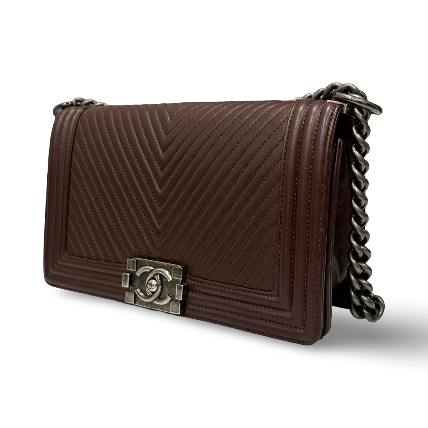 Chanel Chevron Calfskin New Medium Boy Bag - Aged SHW / Burgundy