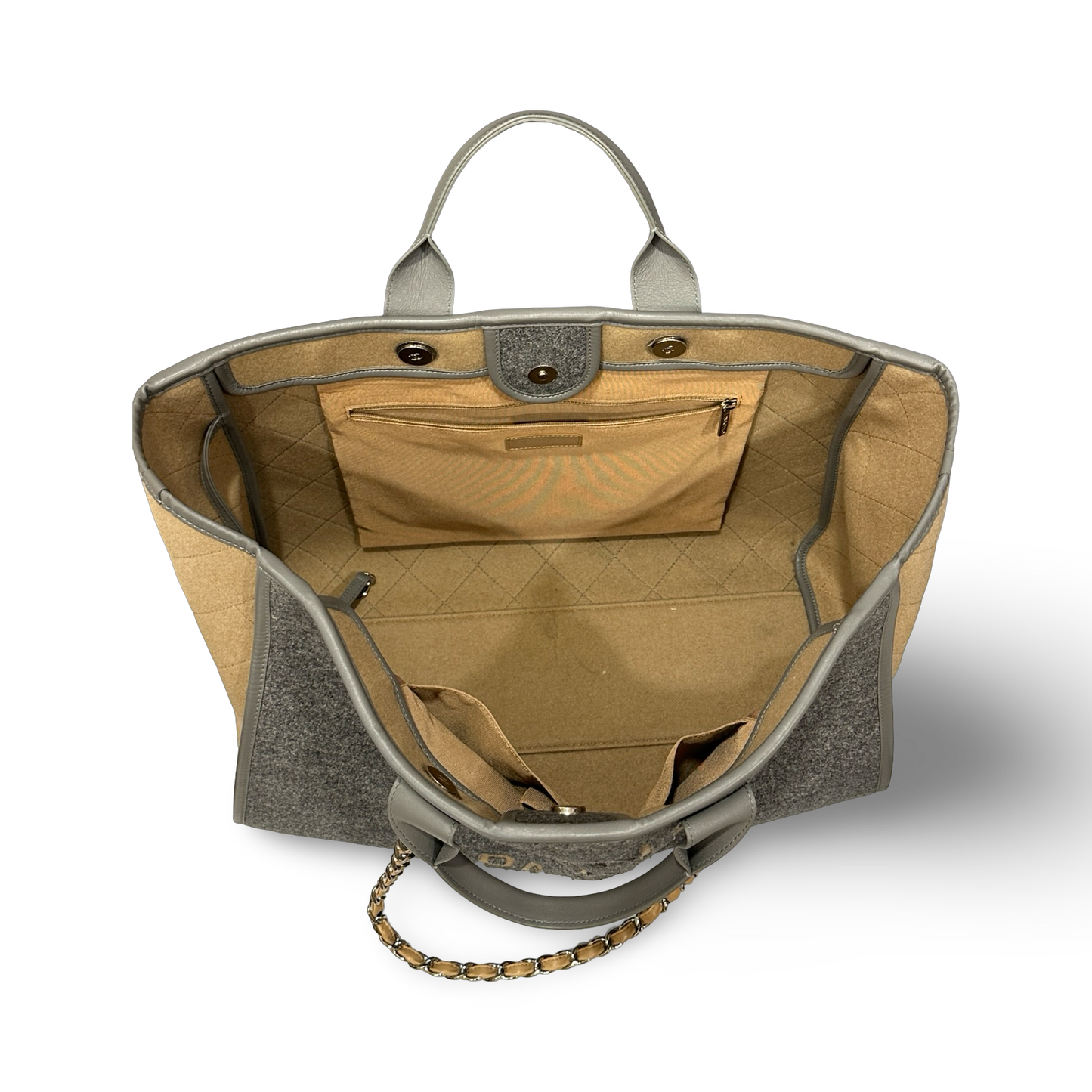 Chanel Wool Felt Large Deauville Tote - GHW / Grey and Beige