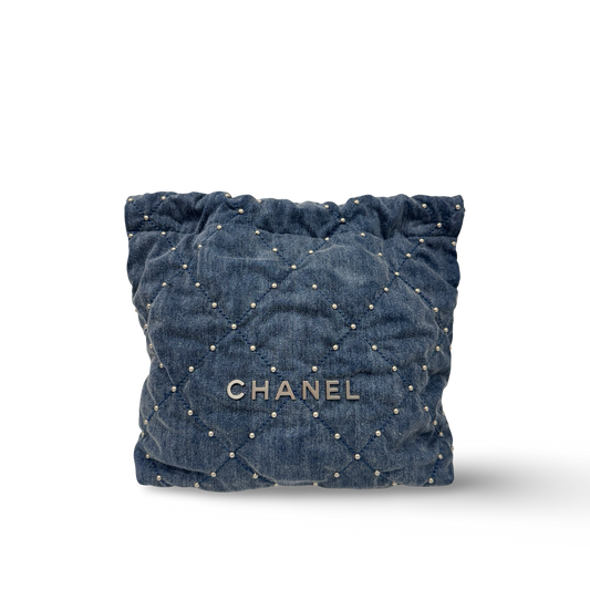Chanel Quilted Washed Denim Small Silver Tone Metal 22Bag - SHW / Blue