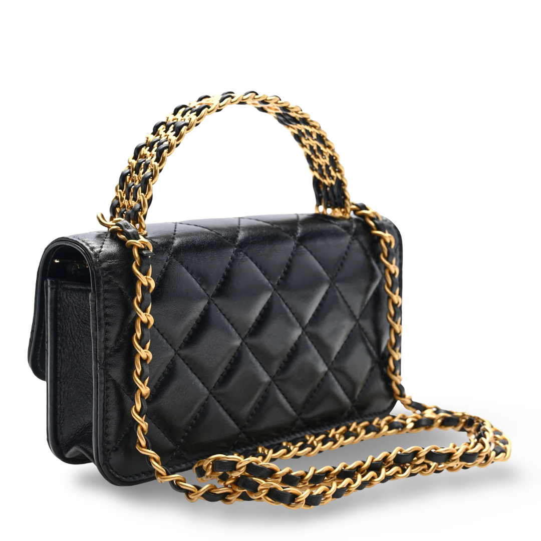 Chanel Quilted Calfskin Top Handle Flap Phone Holder With Chain - GHW/ Black