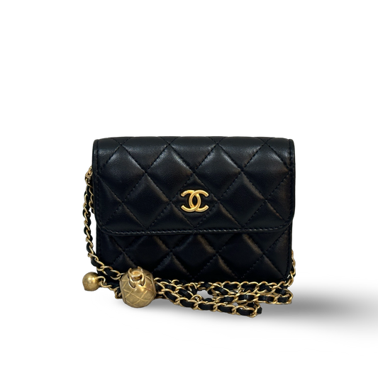 Chanel Classic Lambskin Belt Bag Wit Gold Balls Gold Black