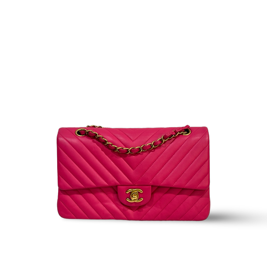 Chanel Chevron Medium Double Flap Gold -GHW / Pink