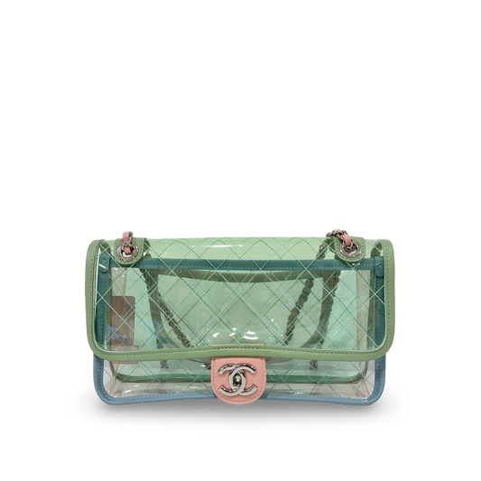 294/1311 Chanel Quilted PVC Medium Splash Flap - SHW / Blue Pink
