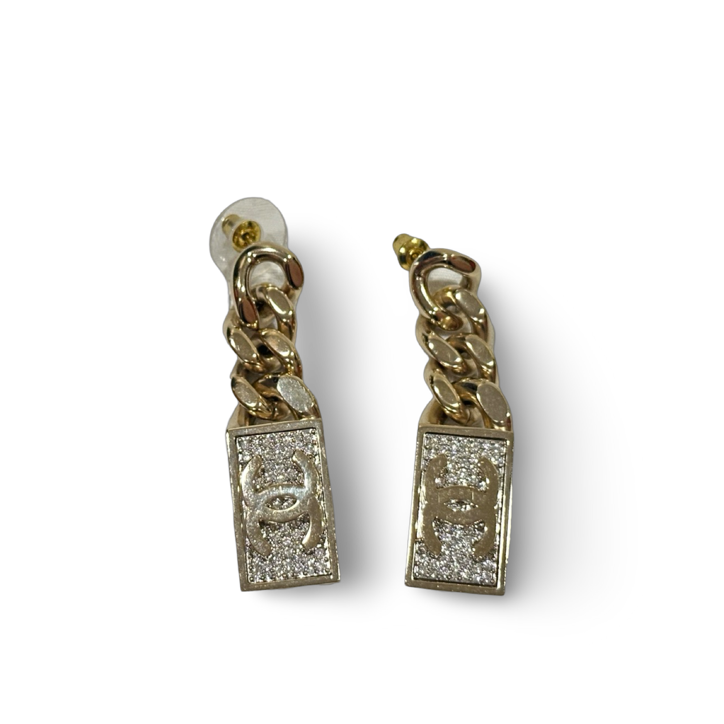 Chanel Crystal Logo Tag Charm Earrings Gold