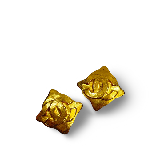Chanel 18K Gold Square Big Logo Earring Clips