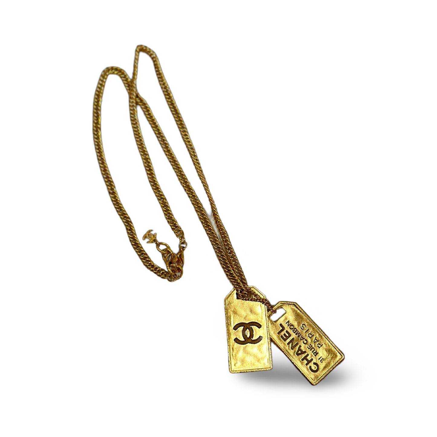 Chanel 18K Gold 2 Logo Tag Long Necklace