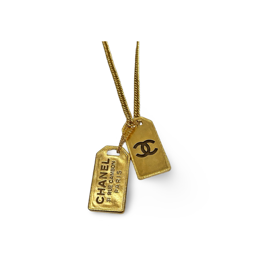 Chanel 18K Gold 2 Logo Tag Long Necklace