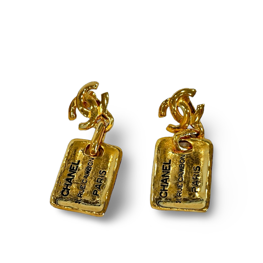 Chanel Vintage Gold Tone Dangle Rectangular 31 Rue Cambon Earrings