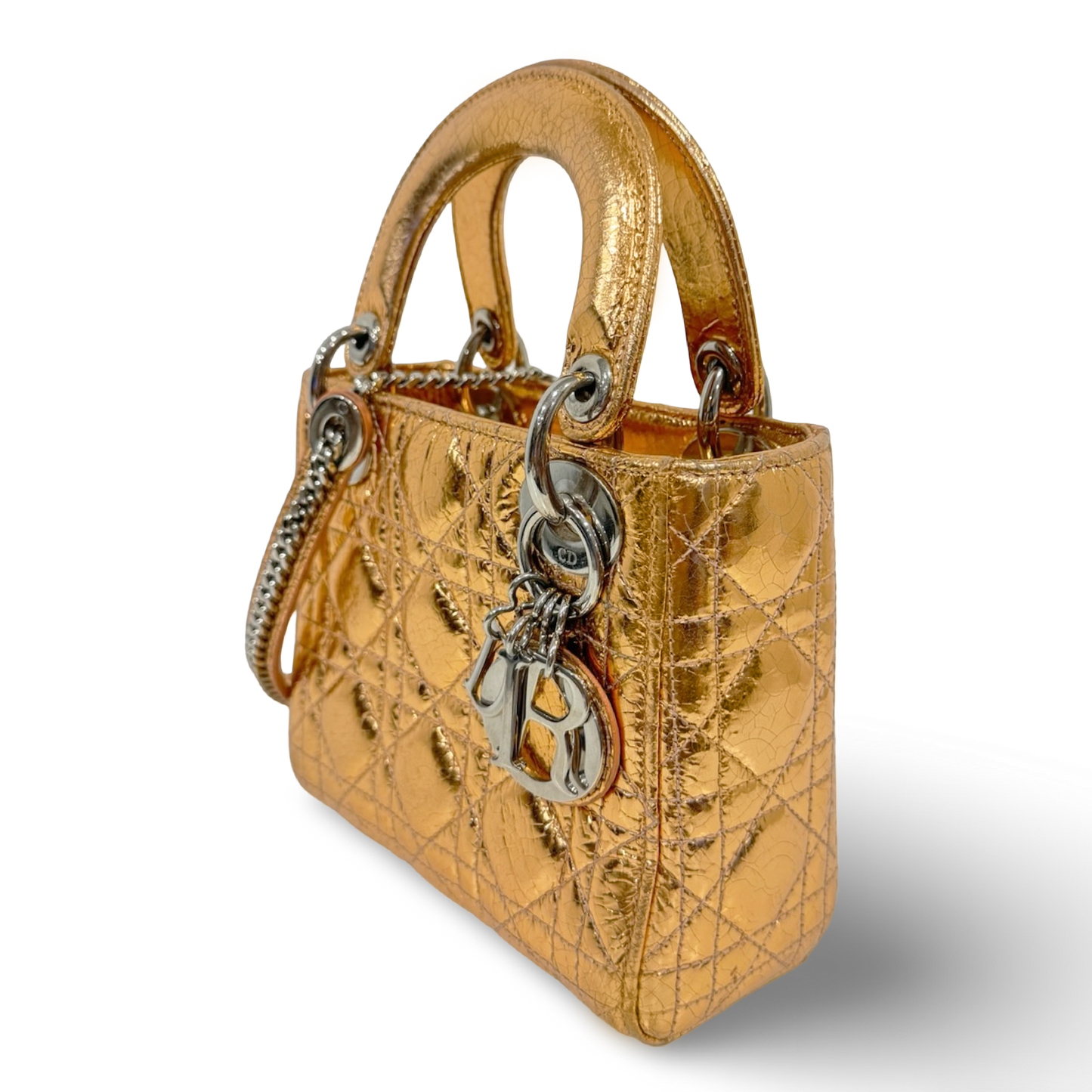 Dior Cannage Shinny Calfskin Mini Lady Bag - SHW / Rose Gold (60%)