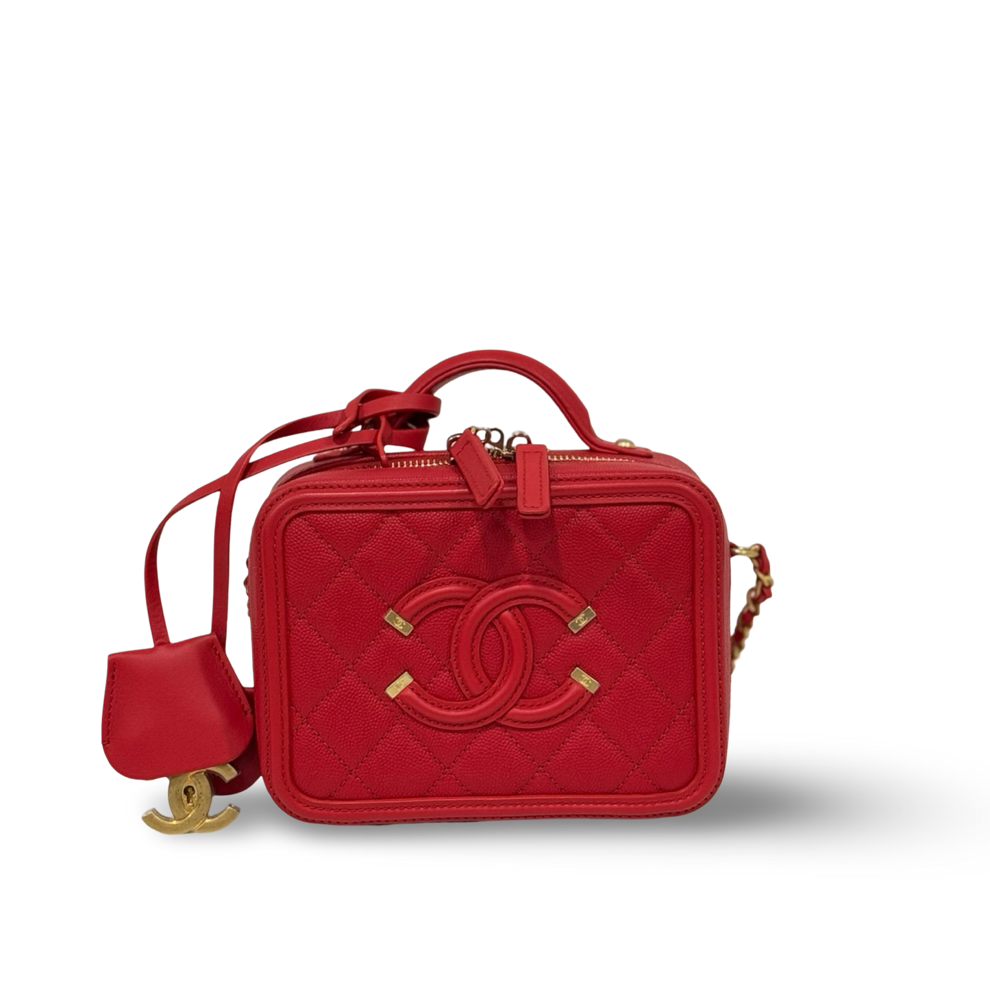 Chanel Quilted Caviar Small CC Filigree Vanity Case - GHW / Red