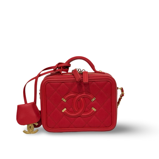 Chanel Quilted Caviar Small CC Filigree Vanity Case - GHW / Red