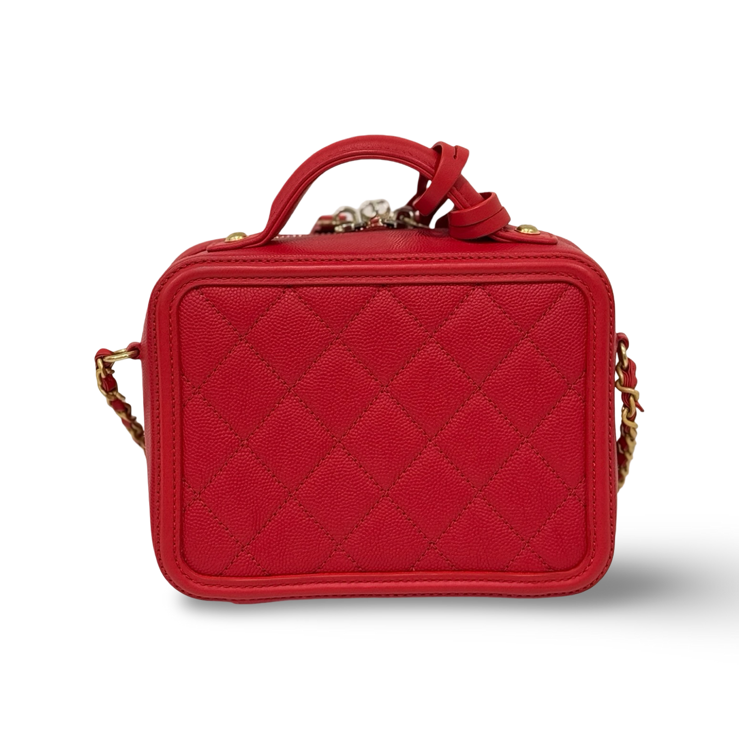 Chanel Quilted Caviar Small CC Filigree Vanity Case - GHW / Red