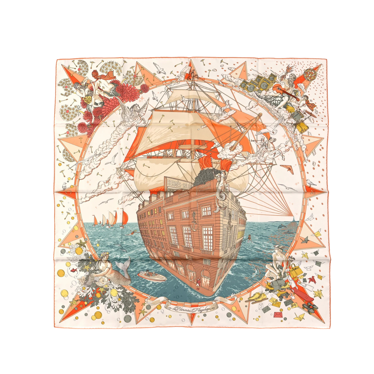 Hermes Silk Flagship Scarf 90 Creme - Orange Vert
