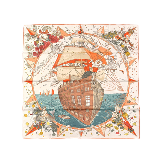 Hermes Silk Flagship Scarf 90 Creme - Orange Vert
