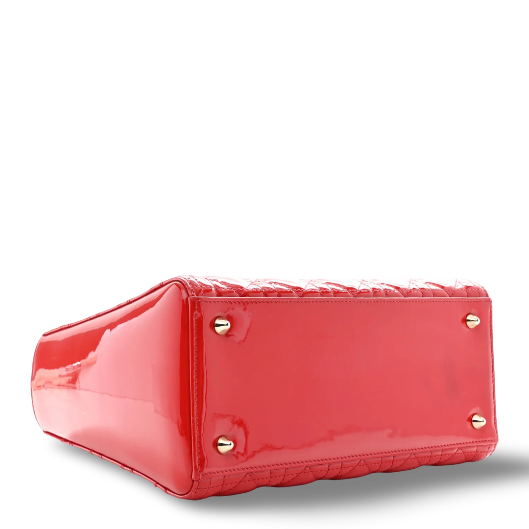 Dior Cannage Patent Medium Lady Bag - GHW / Red
