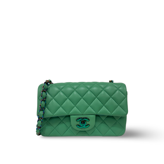Chanel Quilted Lambskin Mini Rectangular Flap - Iridescent / Green Blue