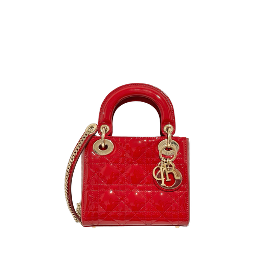 Dior Classic Patent Mini Lady Bag - Gold / Red