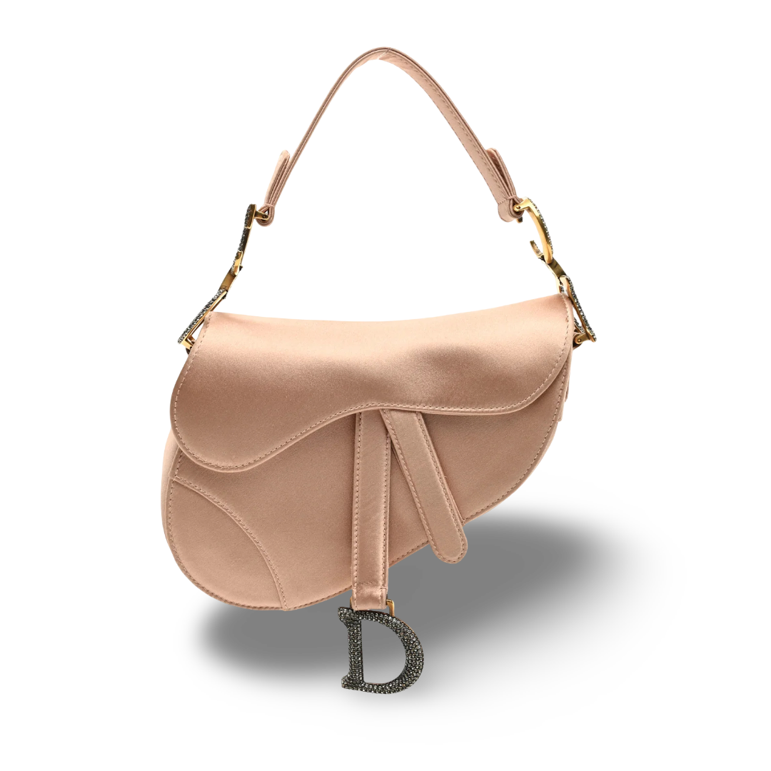 Dior Satin Crystal Embellished Mini Saddle Bag - SHW / Pink
