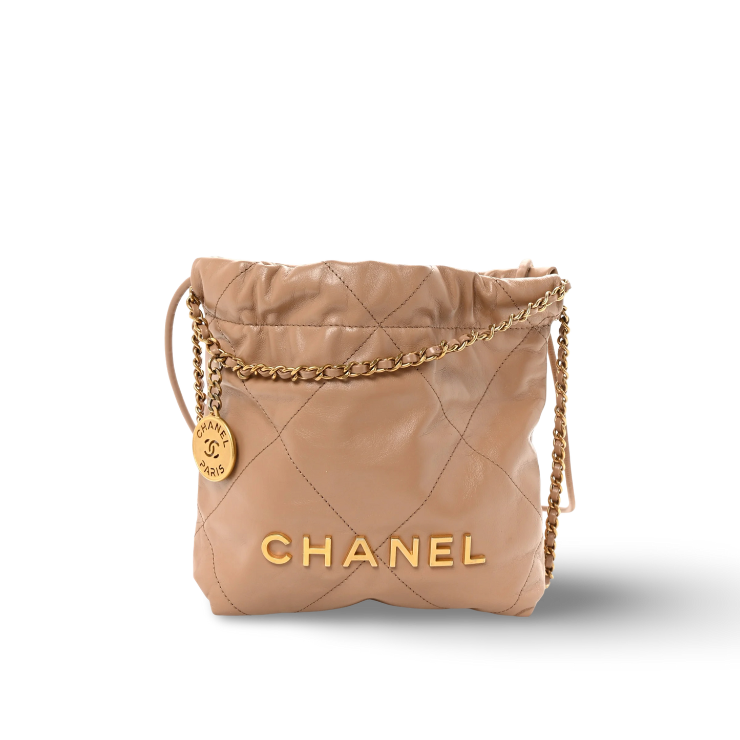 Chanel Quilted Shinny Calfskin Mini 22 Bag - GHW / Dark Beige