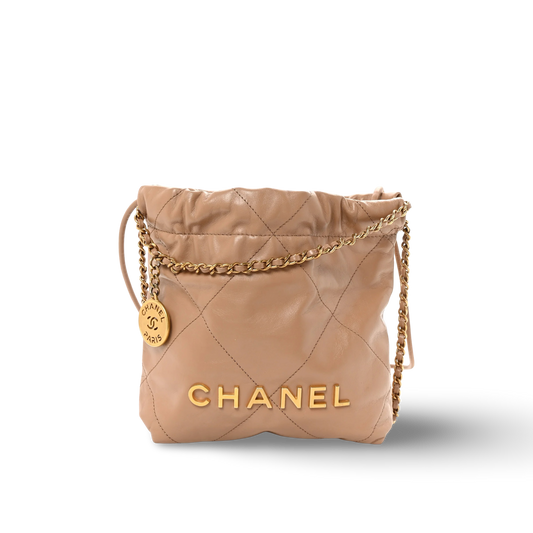 Chanel Quilted Shinny Calfskin Mini 22 Bag - GHW / Dark Beige