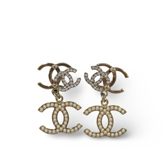 Chanel Triple CC Pearly White Earrings - Light Gold