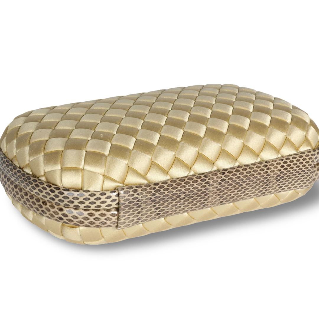 Bottega Veneta Satin Ayers Intreccio Impero Stretch Knot Clutch - PHW / Yellow