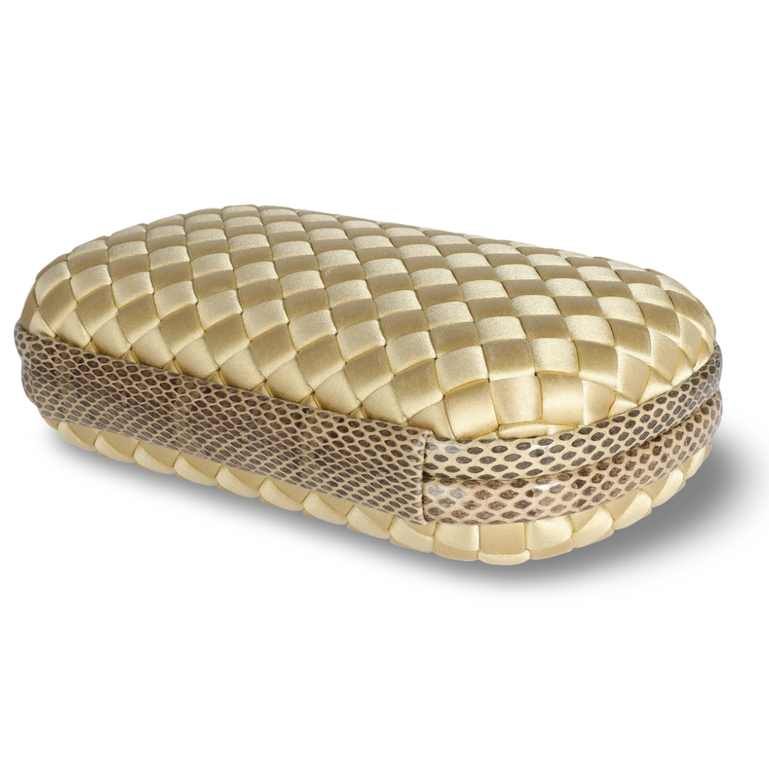 Bottega Veneta Satin Ayers Intreccio Impero Stretch Knot Clutch - PHW / Yellow