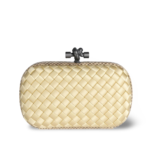 Bottega Veneta Satin Ayers Intreccio Impero Stretch Knot Clutch - PHW / Yellow