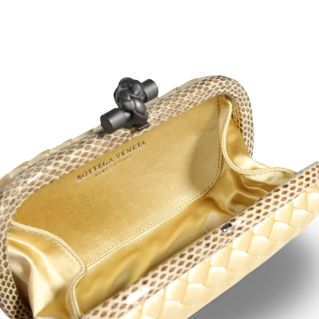 Bottega Veneta Satin Ayers Intreccio Impero Stretch Knot Clutch - PHW / Yellow